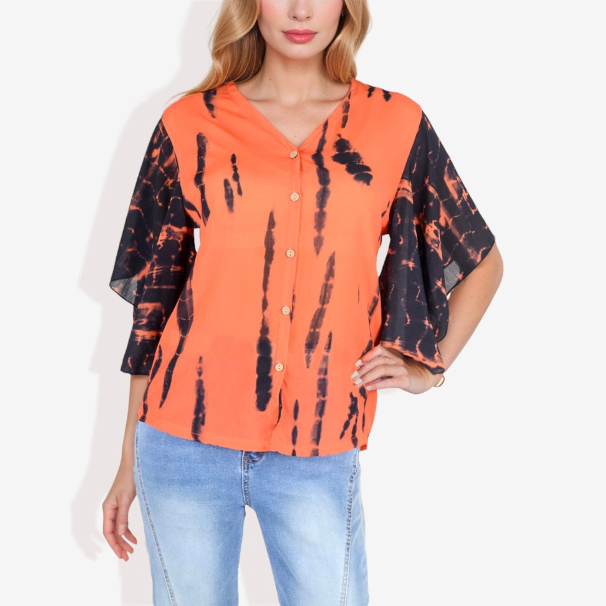 Blusa con mangas estilo kimono y efecto tie-dye con botones en la parte delantera para mujer de Anna-Kaci