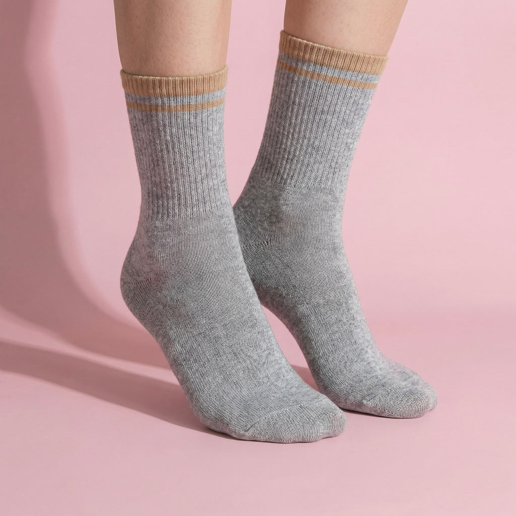 Anna-Kaci Women's 4-Pack Ribbed Crew Socks with Double Stripe Cuff Soft Stretch Fit in Neutral Tones