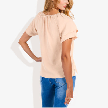 Blusa informal de mujer con escote en V y manga corta con fruncido