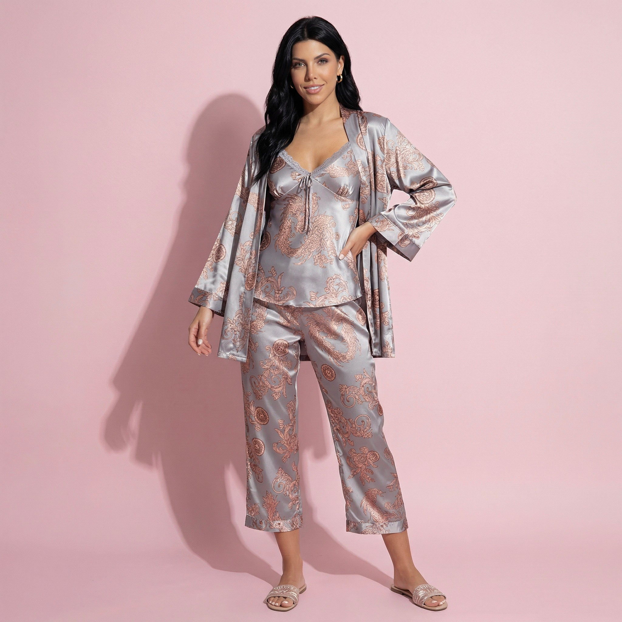 Anna-Kaci Lounge Women's 3-Piece Set Satin Baroque Print Pajama Cami with Matching Robe and Relaxed Straight-Leg Pants