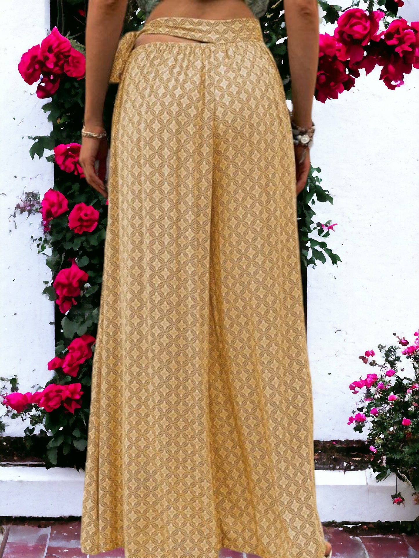 Printed Wide Legged  Waist Tied Pants
