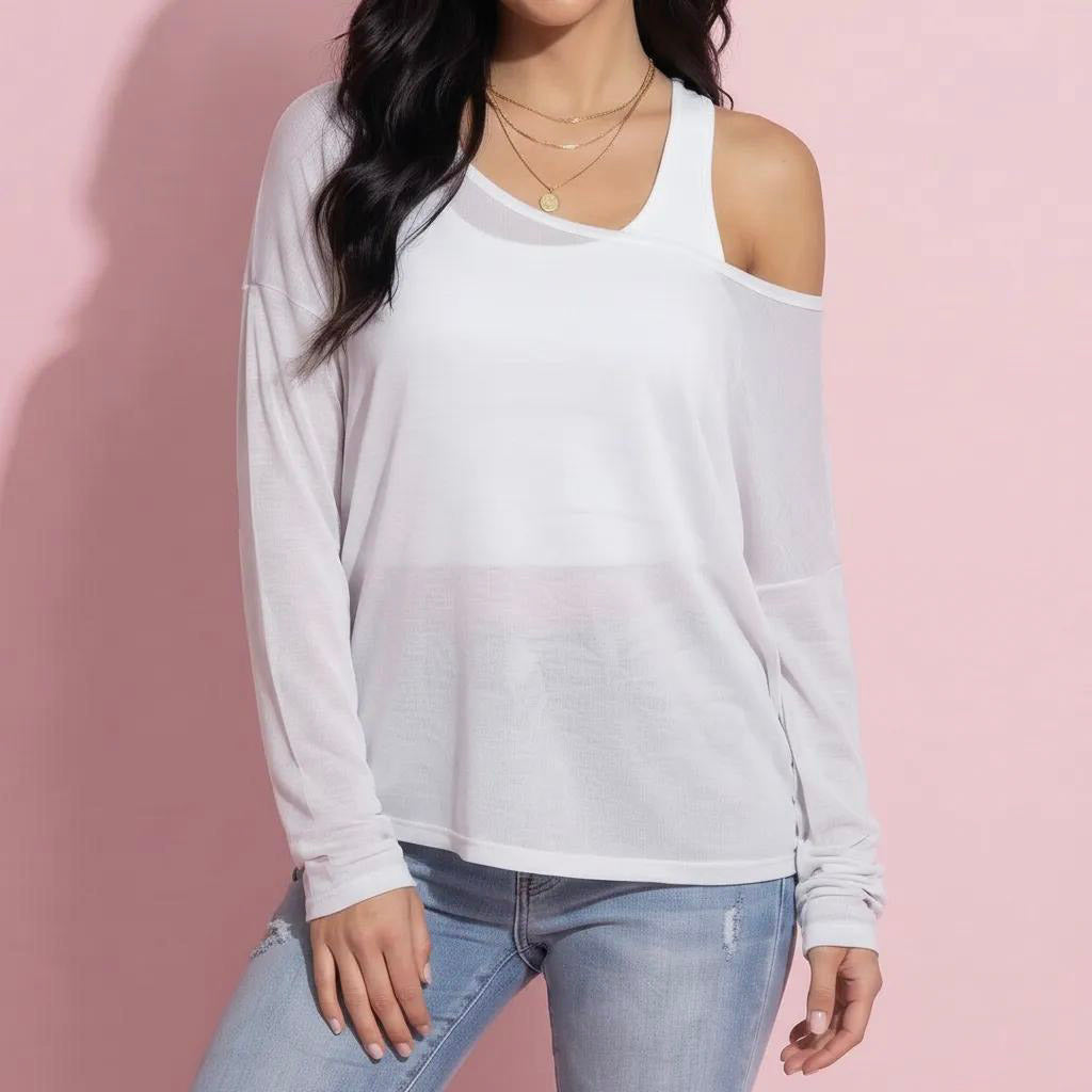 Anna-Kaci Active 2-Piece Women's Long Sleeve Sheer Pullover Top Set with Off Shoulder Neckline and Relaxed Fit