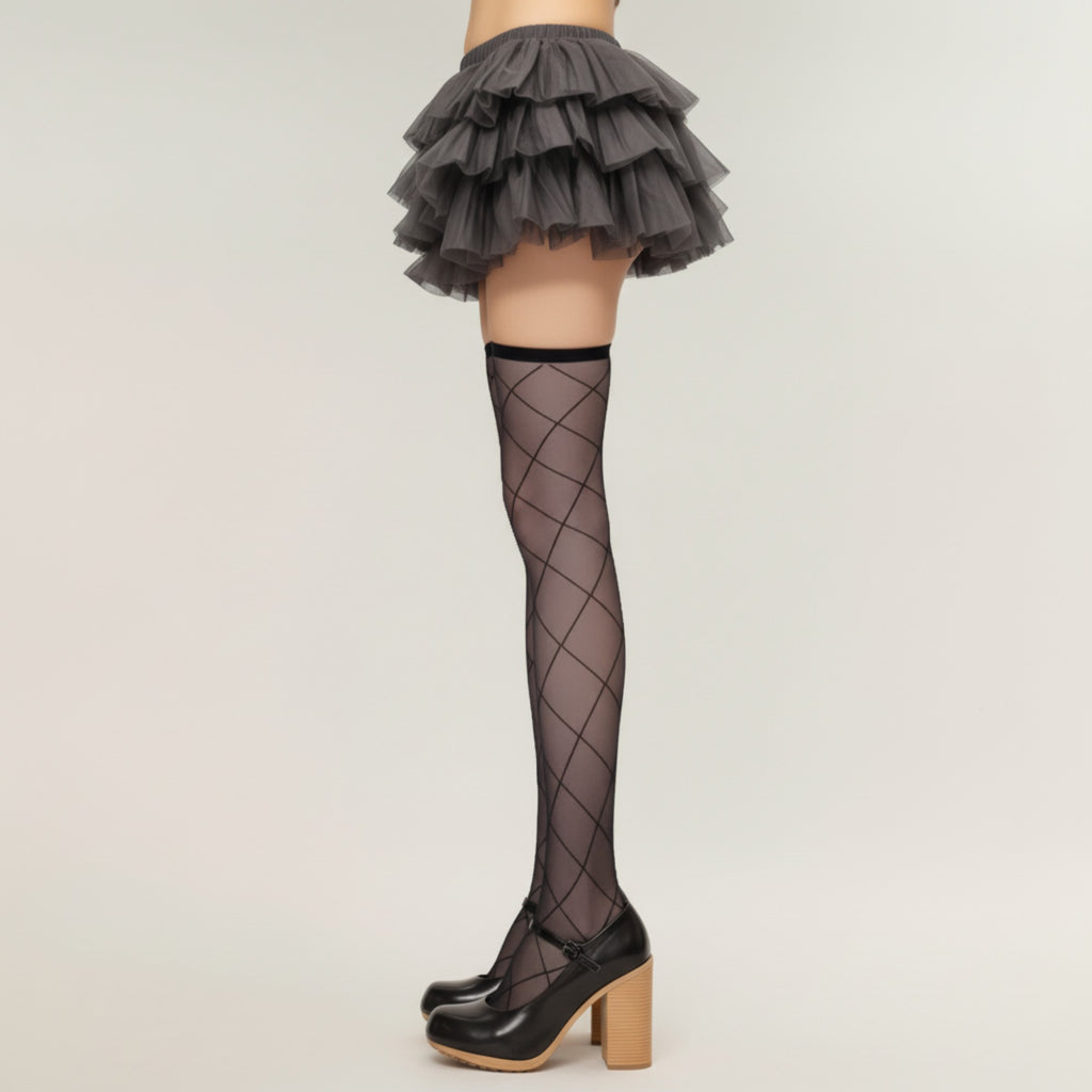 Anna-Kaci Women's Sheer Diamond Pattern Thigh High Stockings with Soft Stretch Fit