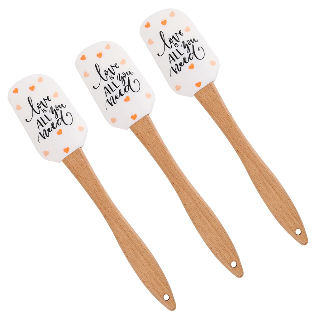 Anna-Kaci Silicone Spatula Set XO Heart Print Wooden Handle Heat Resistant Baking Mixing Kitchen Tools 3 Piece