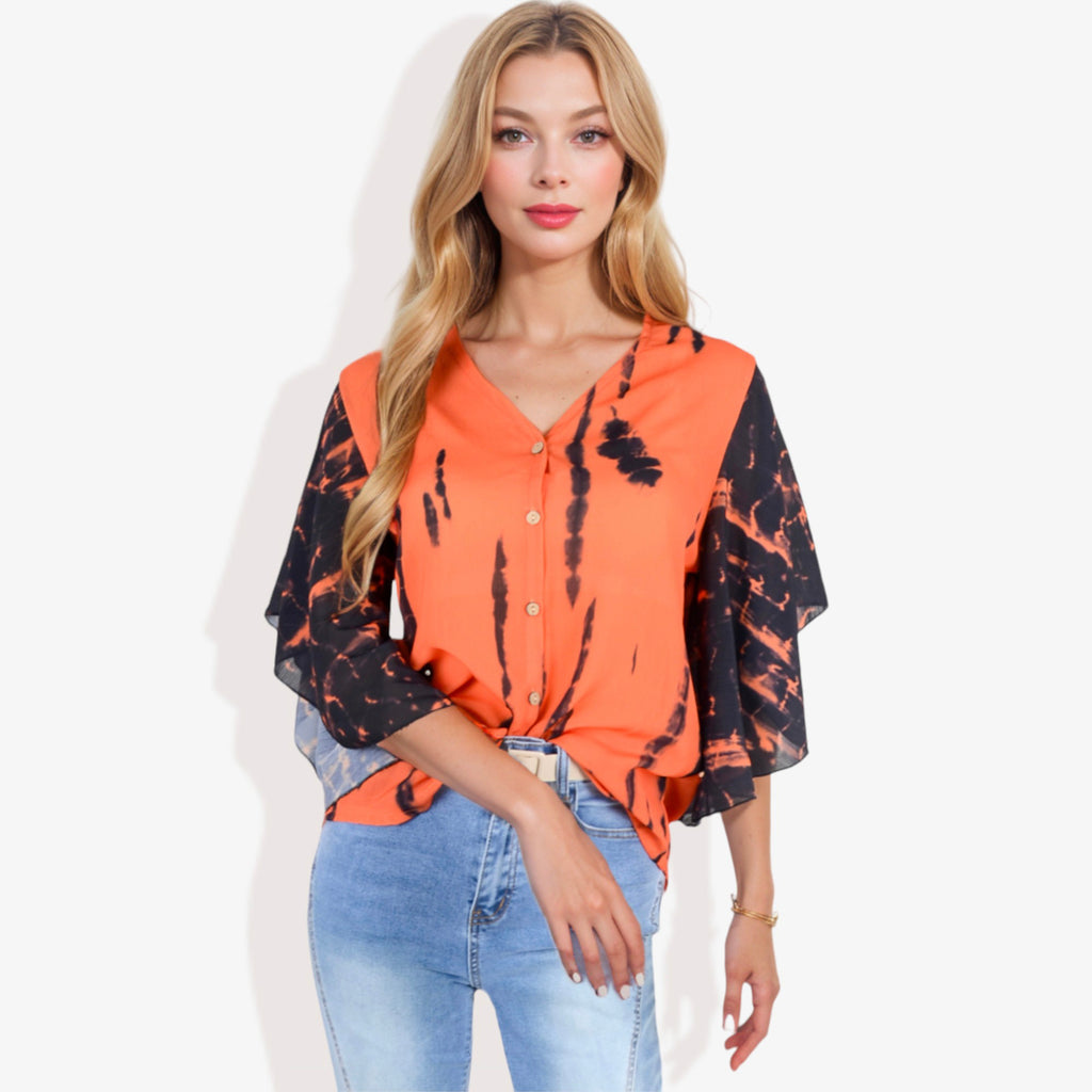 Blusa con mangas estilo kimono y efecto tie-dye con botones en la parte delantera para mujer de Anna-Kaci