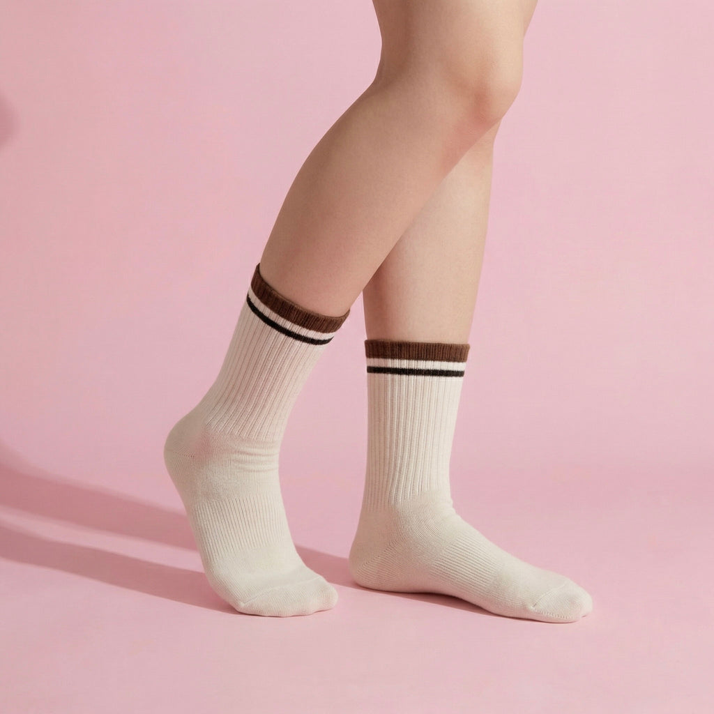 Anna-Kaci Women's 4-Pack Ribbed Crew Socks with Double Stripe Cuff Soft Stretch Fit in Neutral Tones