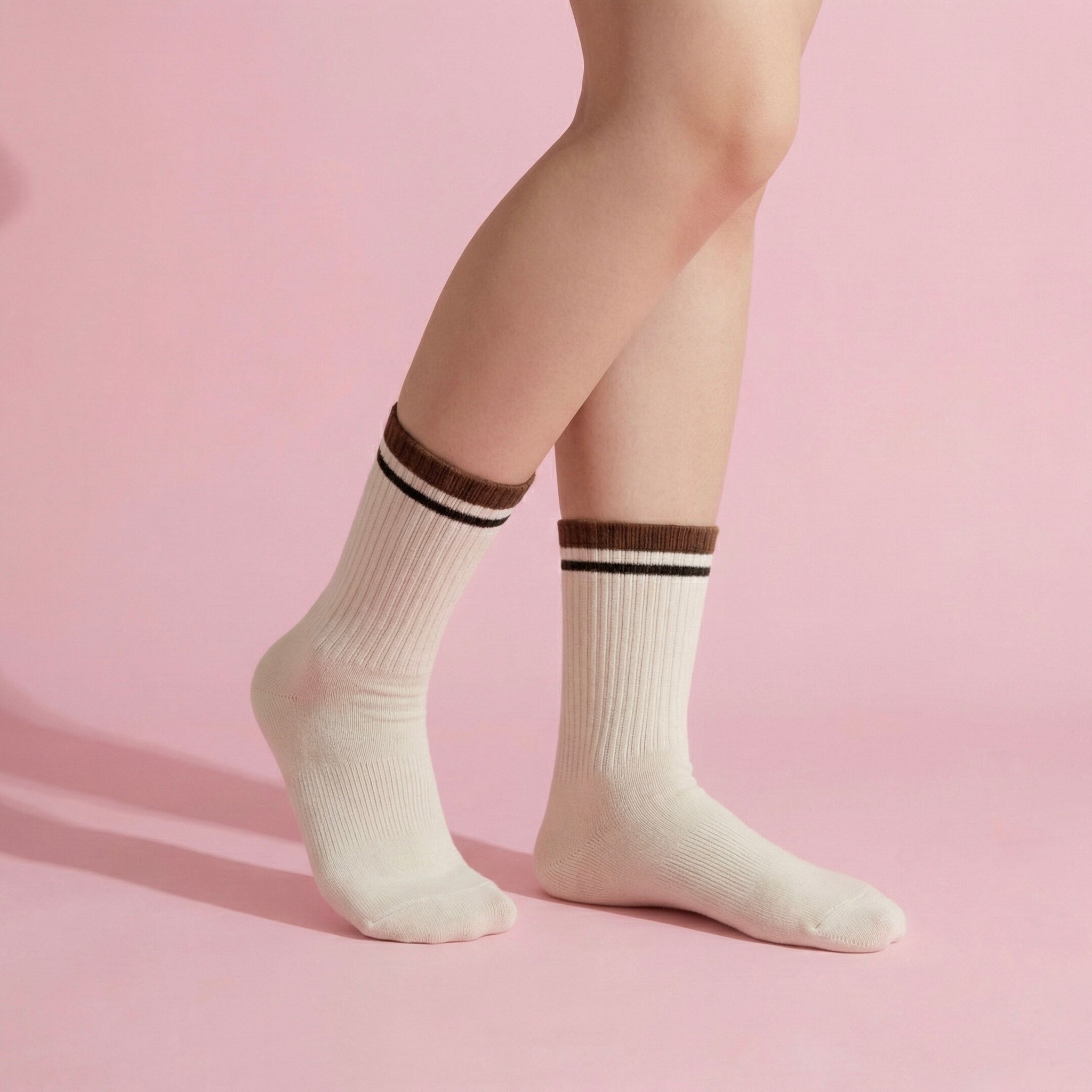 Anna-Kaci Women's 4-Pack Ribbed Crew Socks with Double Stripe Cuff Soft Stretch Fit in Neutral Tones