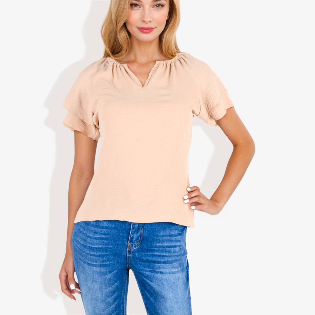 Blusa informal de mujer con escote en V y manga corta con fruncido