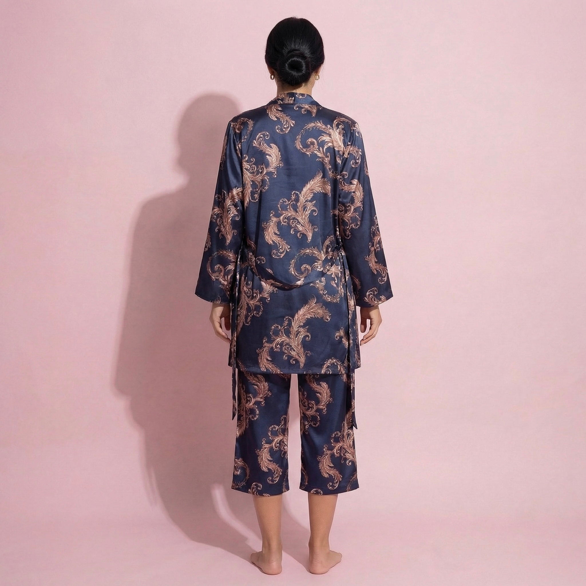 Anna-Kaci Lounge Women's 3-Piece Set Satin Baroque Print Pajama Cami with Matching Robe and Relaxed Straight-Leg Pants