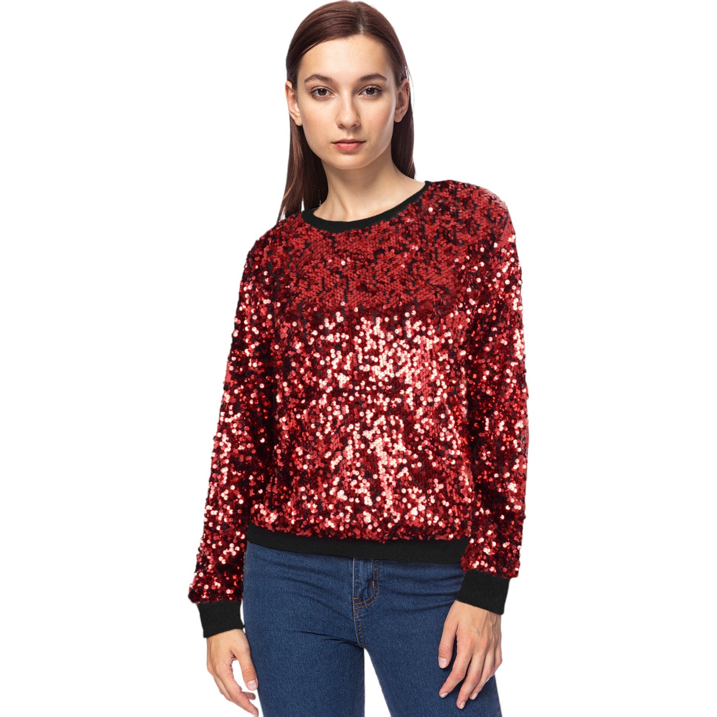 Sudadera con lentejuelas, cuello redondo, manga larga, puños acanalados 