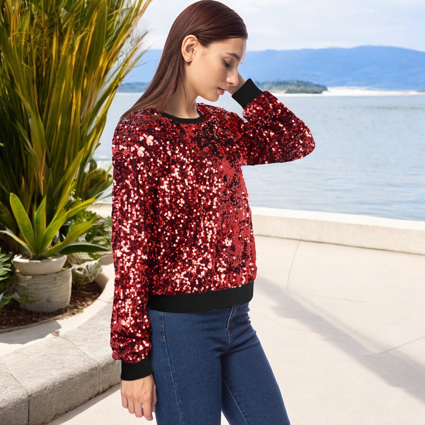 Sudadera con lentejuelas, cuello redondo, manga larga, puños acanalados 