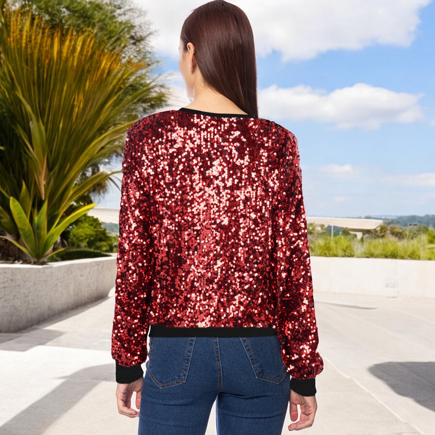 Sudadera con lentejuelas, cuello redondo, manga larga, puños acanalados 