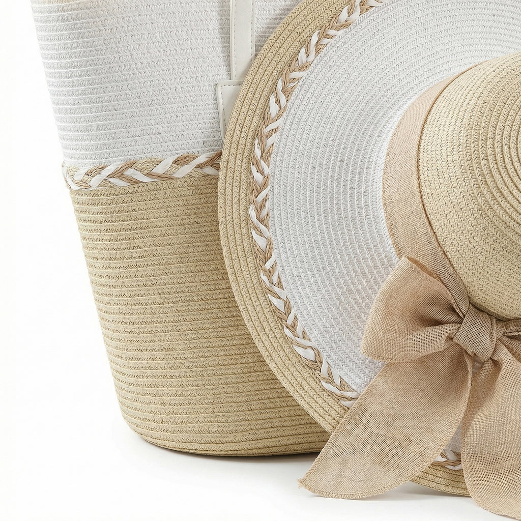 Anna-Kaci Straw Sun Hat and Tote Bag Set Woven Two Tone Design with Bow Wide Brim Beach Accessories
