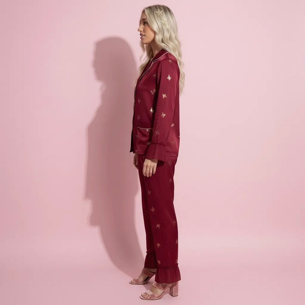 Anna-Kaci Lounge Women's 2-Piece Set Satin Pajama Top with Piping Detail and Ruffled Cuffs Paired with Matching Pants