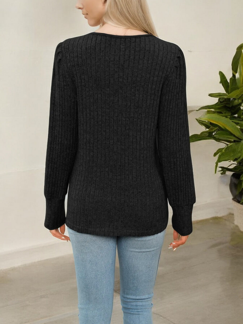Women's V-Neck Ribbed Knit Sweater with Lace Trim Detail