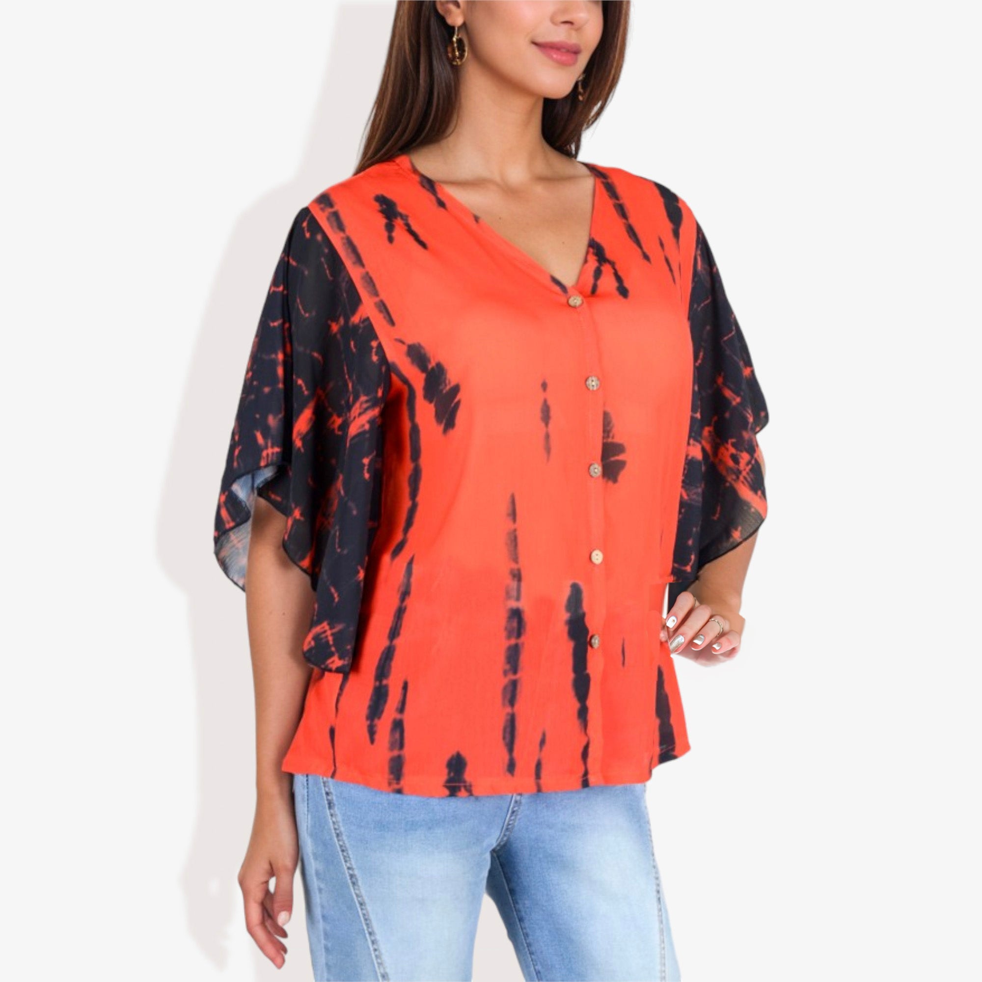 Blusa con mangas estilo kimono y efecto tie-dye con botones en la parte delantera para mujer de Anna-Kaci