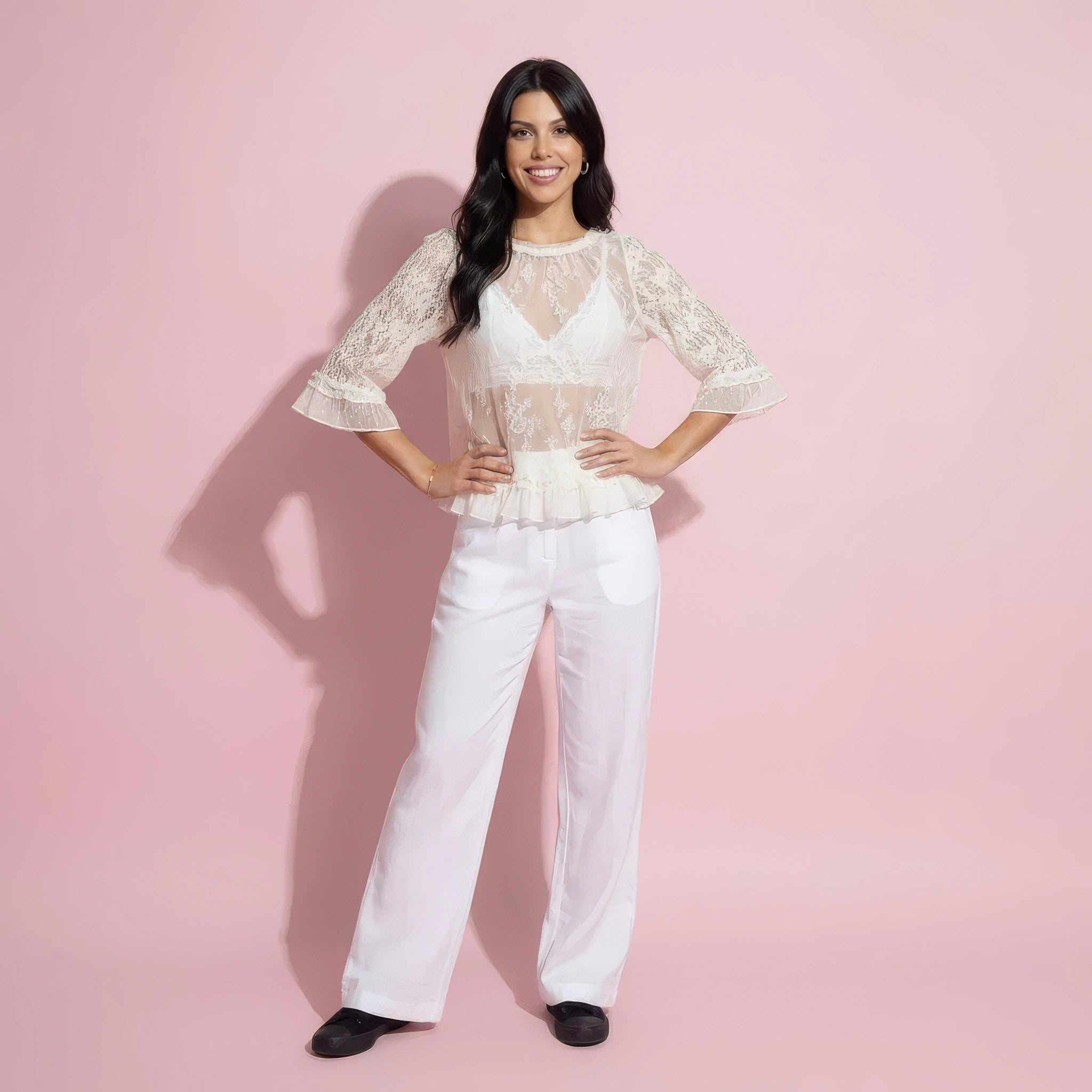 Anna-Kaci Womens Three Quarter Sleeve Lace Mesh Layering Blouse Top