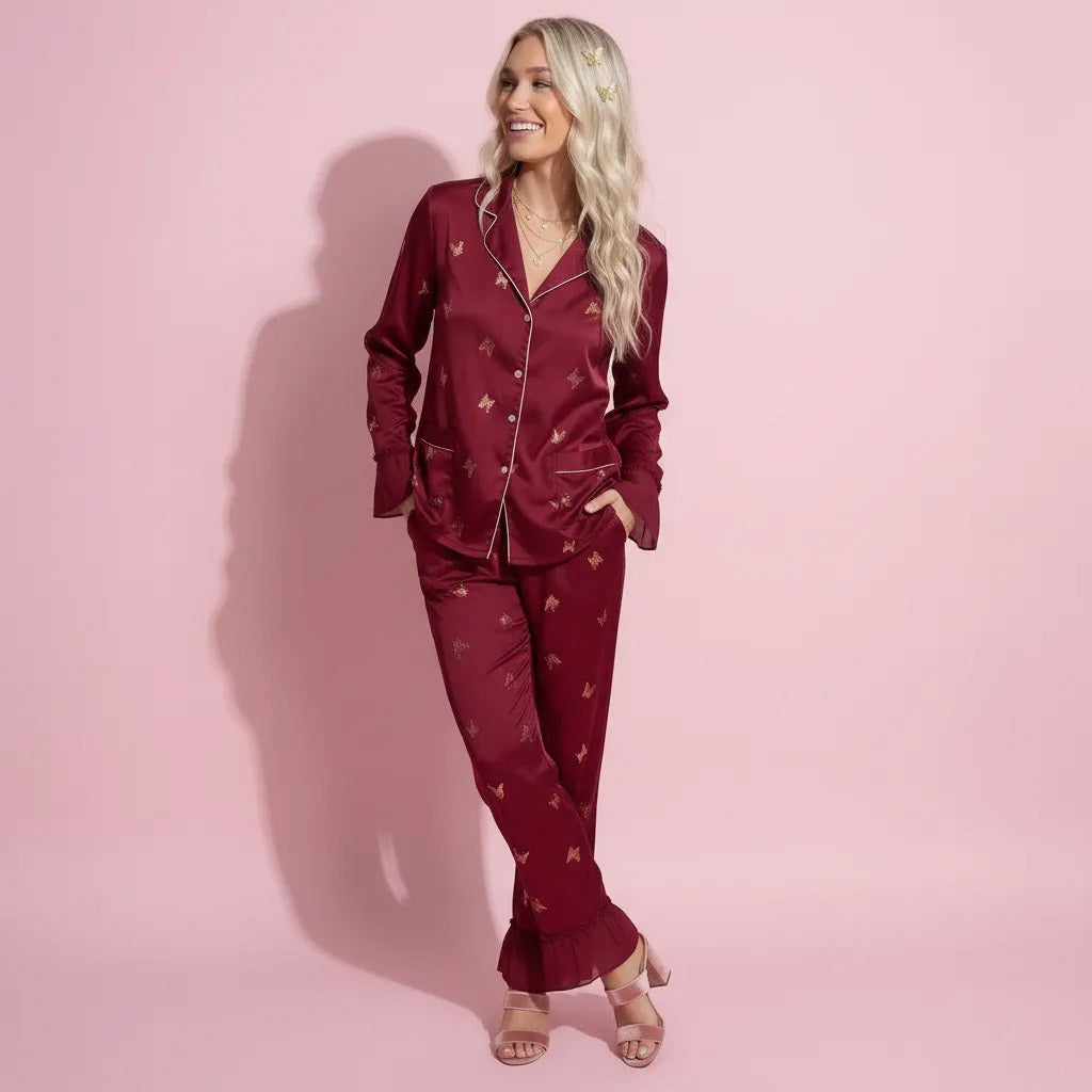 Anna-Kaci Lounge Women's 2-Piece Set Satin Pajama Top with Piping Detail and Ruffled Cuffs Paired with Matching Pants