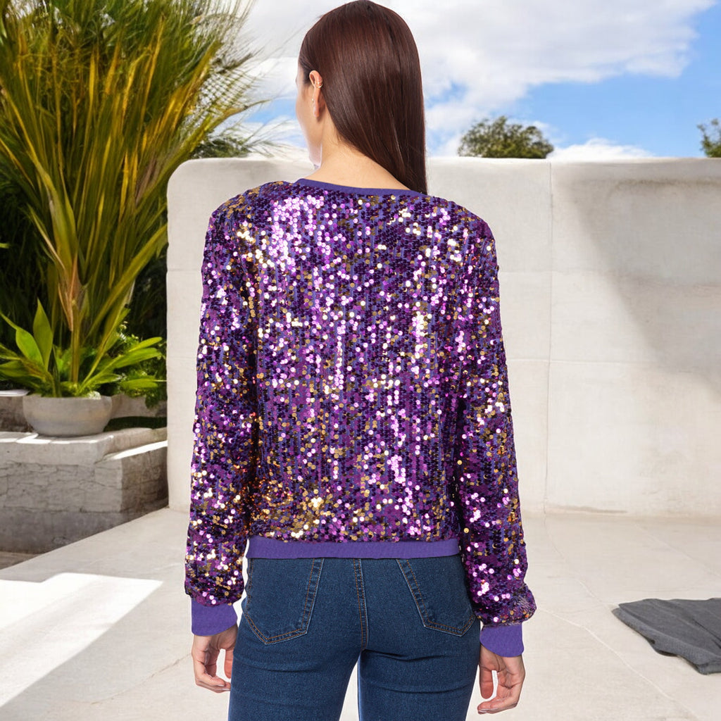 Sequin Sweatshirt Round Neck Long Sleeve Ribbed Cuffs Pullover