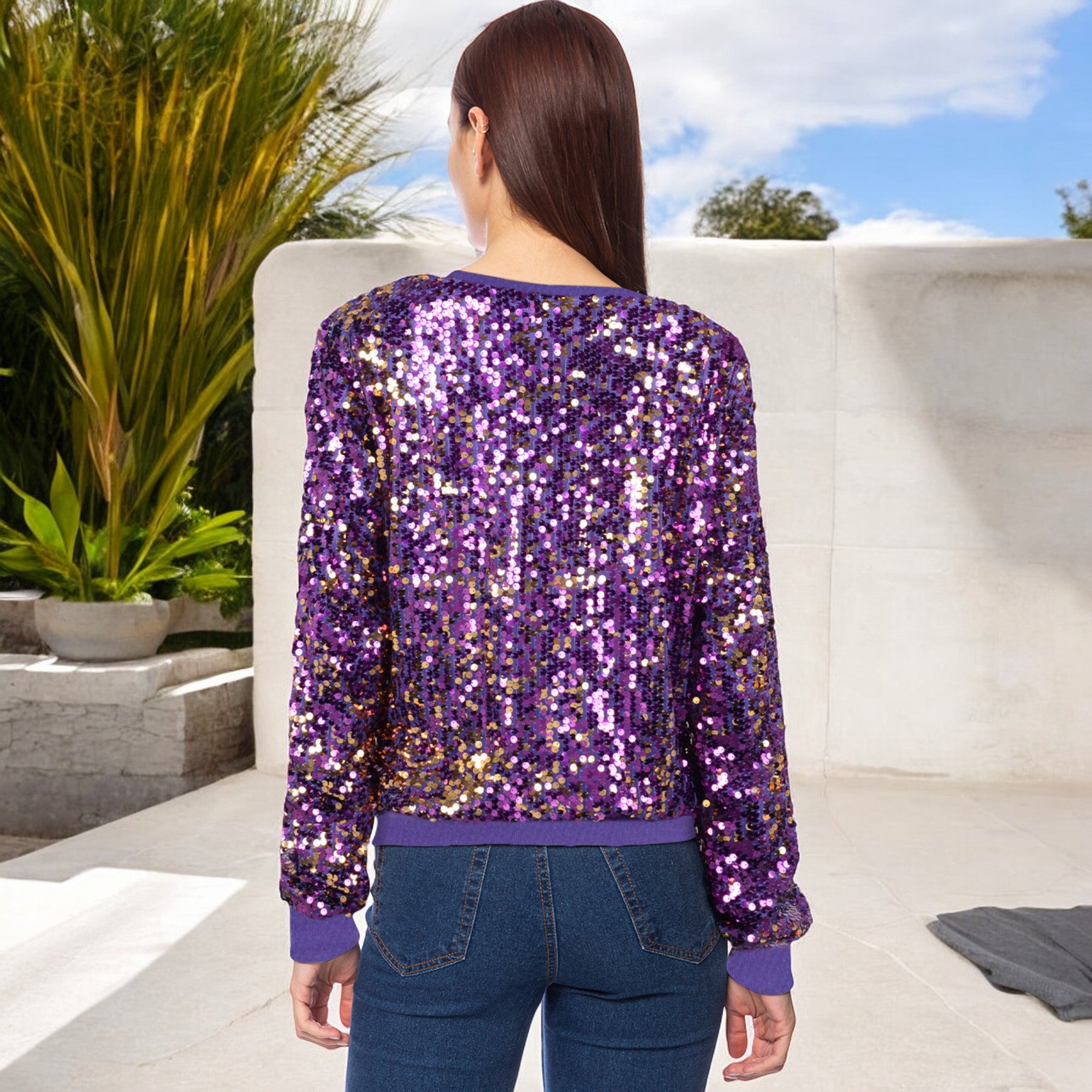 Sequin Sweatshirt Round Neck Long Sleeve Ribbed Cuffs Pullover