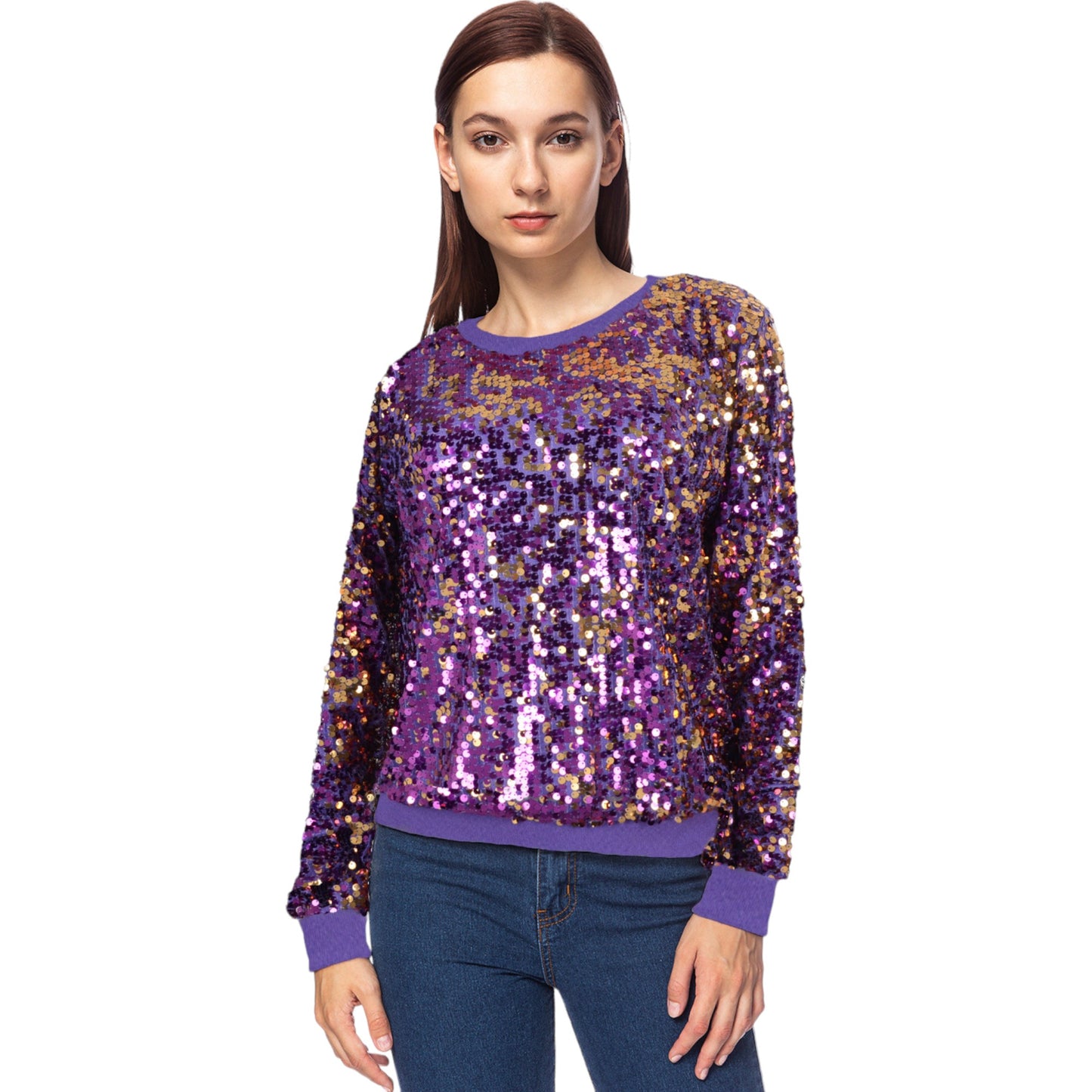 Sudadera con lentejuelas, cuello redondo, manga larga, puños acanalados 