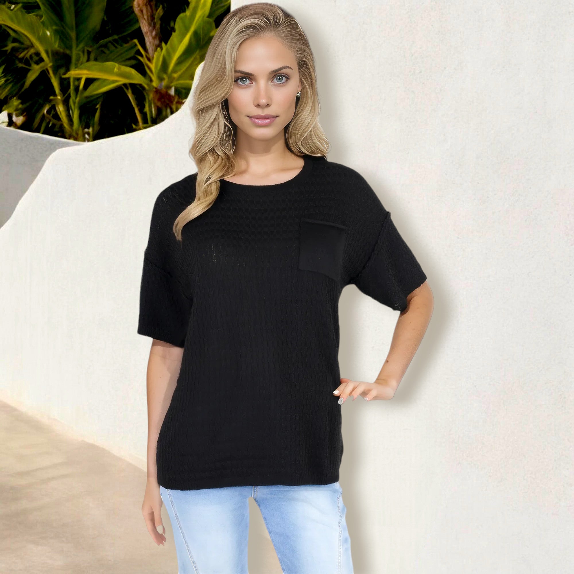 Camiseta de manga corta de punto gofrado para mujer de Anna-Kaci con bolsillo en el pecho