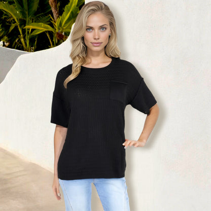 Anna-Kaci Women's Waffle Knit Short Sleeve T-Shirt with Chest Pocket