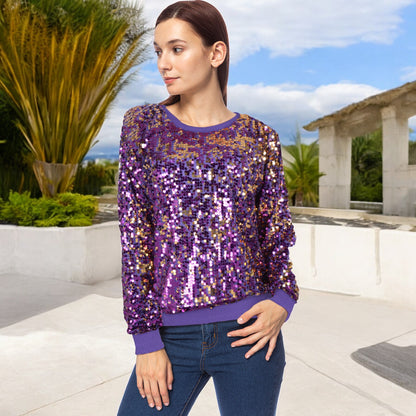 Sudadera con lentejuelas, cuello redondo, manga larga, puños acanalados 