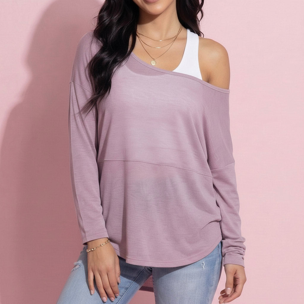 Anna-Kaci Active 2-Piece Women's Long Sleeve Sheer Pullover Top Set with Off Shoulder Neckline and Relaxed Fit