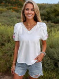 Anna-Kaci Women's V-Neck Embroidered Puff Sleeve Top