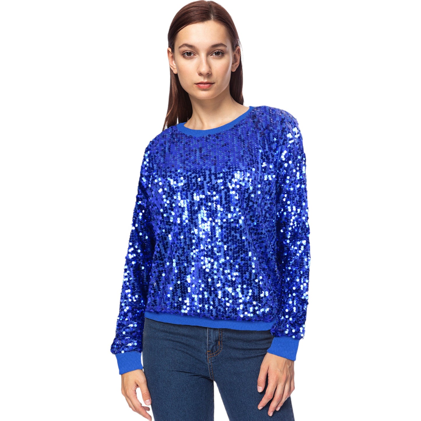 Sudadera con lentejuelas, cuello redondo, manga larga, puños acanalados 