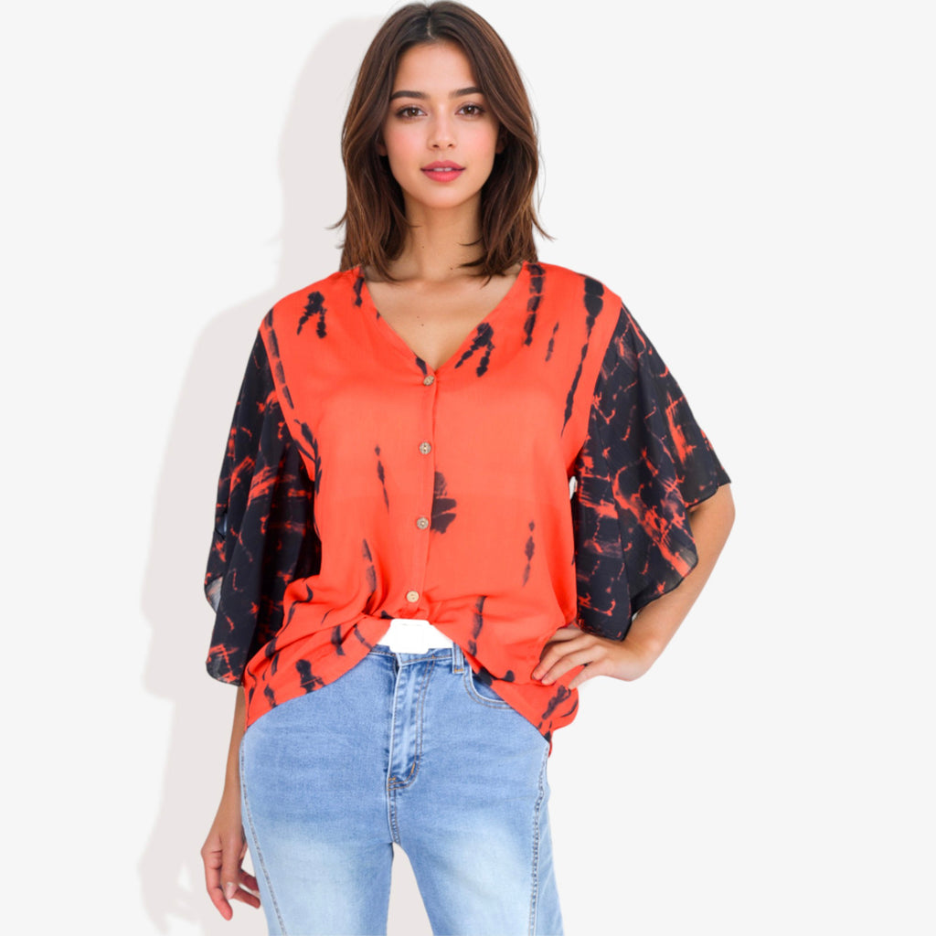 Blusa con mangas estilo kimono y efecto tie-dye con botones en la parte delantera para mujer de Anna-Kaci