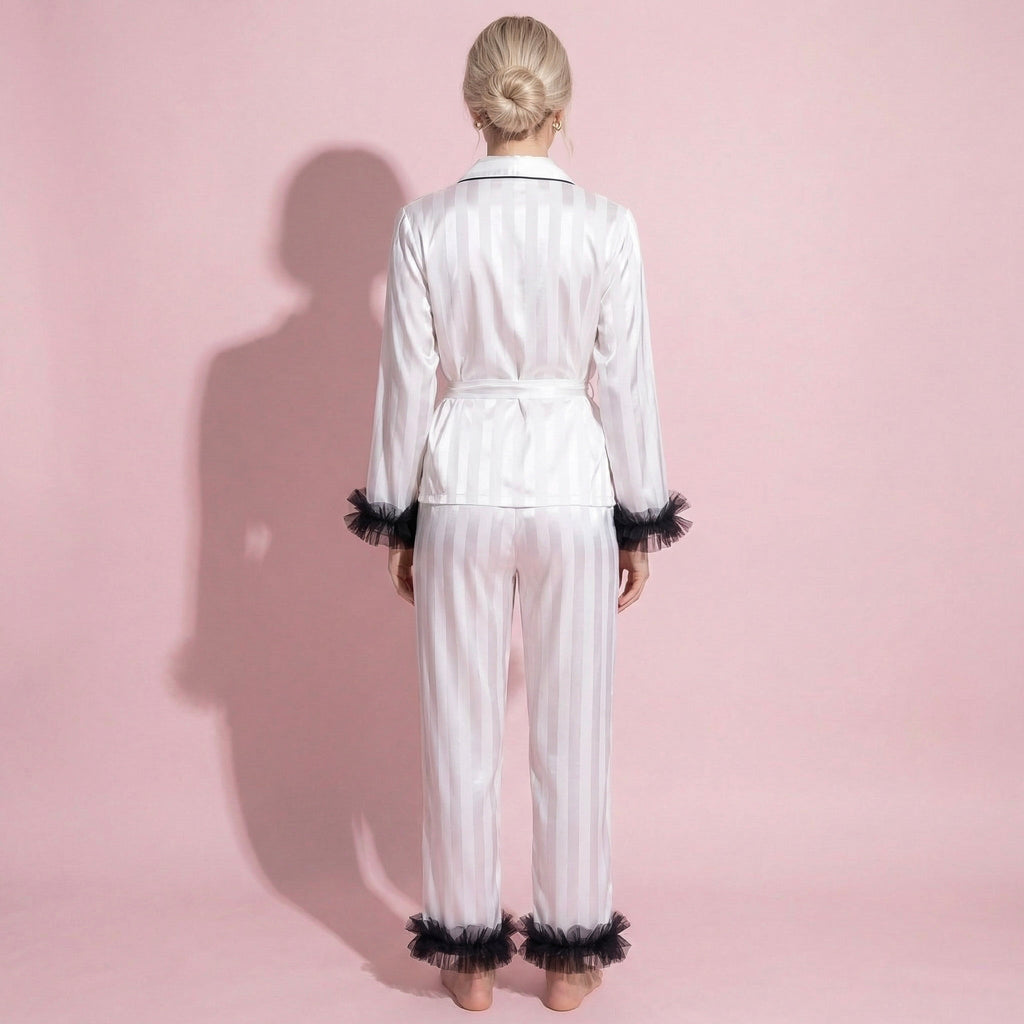 Anna-Kaci Women's 2-Piece Set Satin Wrap Top with Sheer Ruffle Trim and Matching Straight-Leg Pants