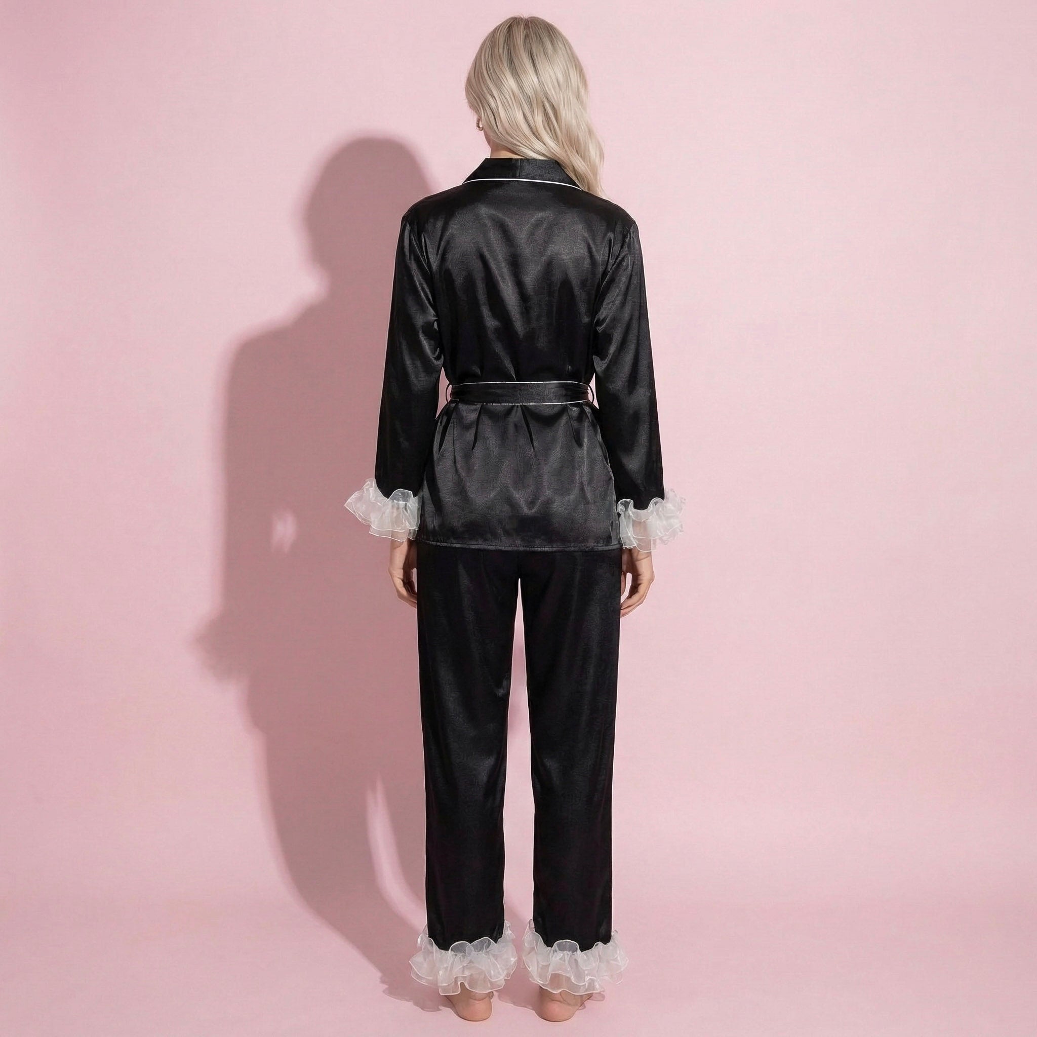 Anna-Kaci Women's 2-Piece Set Satin Wrap Top with Sheer Ruffle Trim and Matching Straight-Leg Pants