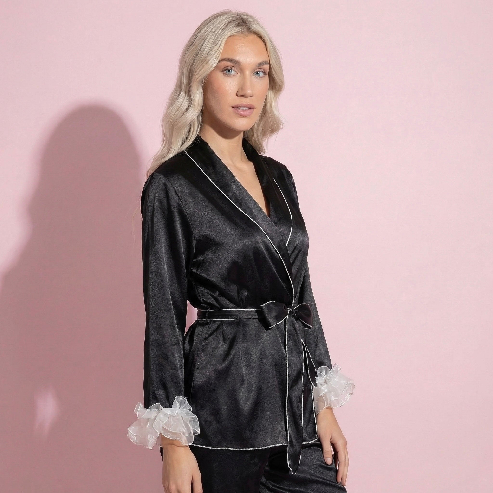 Anna-Kaci Women's 2-Piece Set Satin Wrap Top with Sheer Ruffle Trim and Matching Straight-Leg Pants