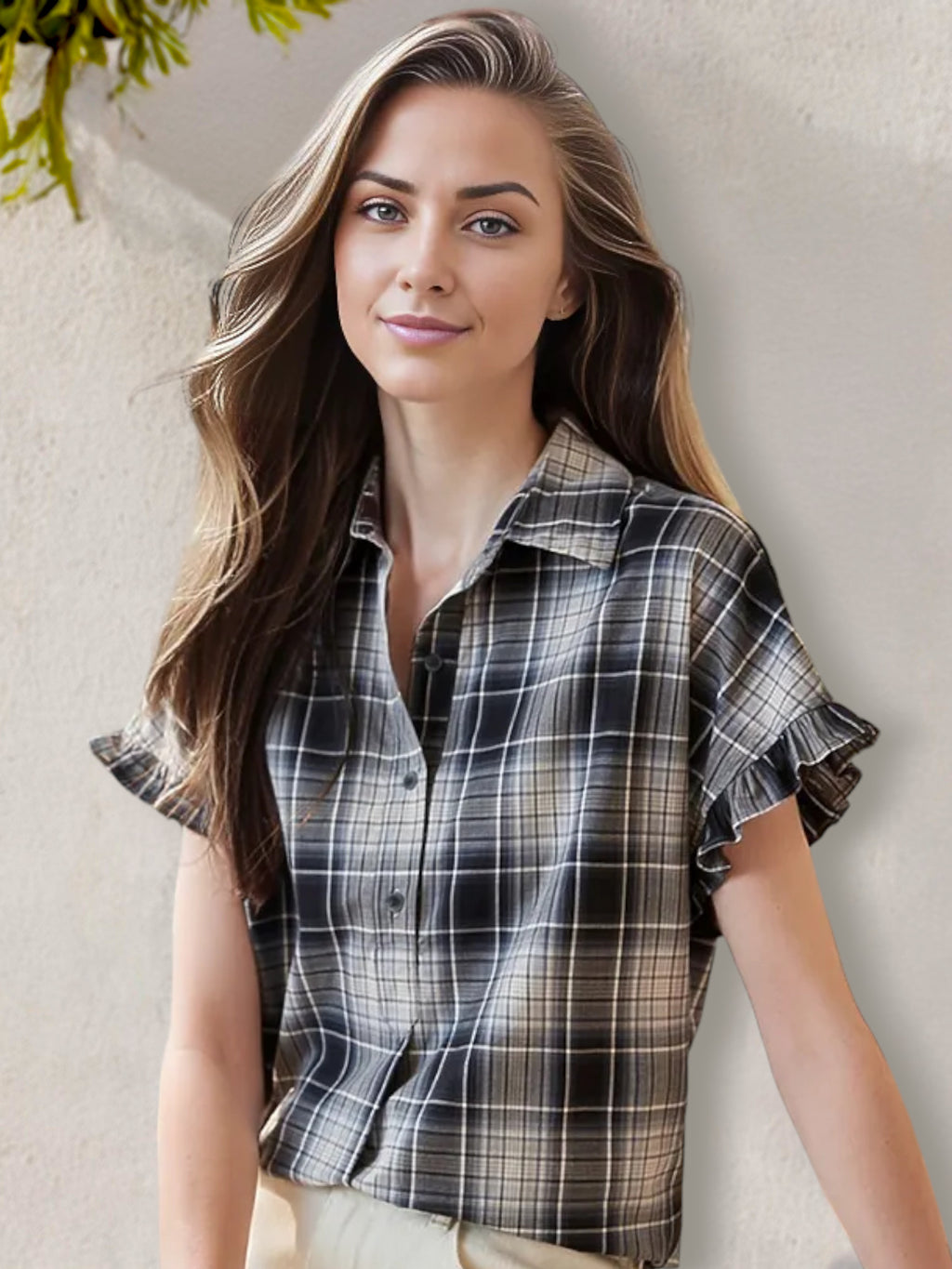 Camisa abotonada a cuadros con mangas cortas con volantes y cuello clásico para mujer de Anna-Kaci