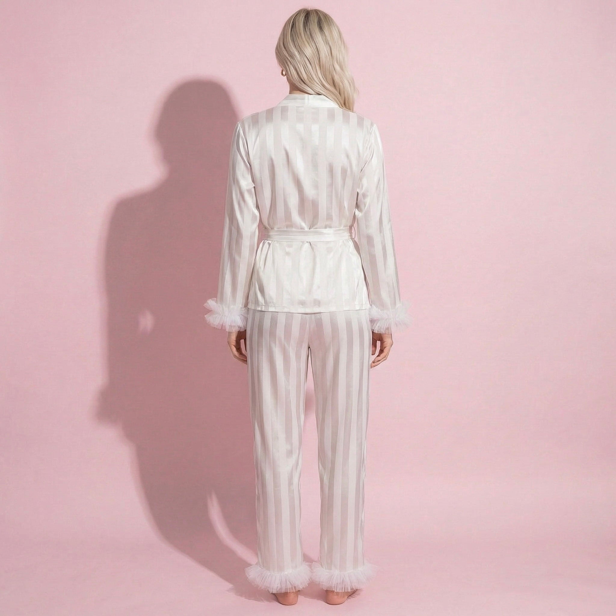 Anna-Kaci Women's 2-Piece Set Satin Wrap Top with Feather Trim Cuffs and Matching Straight-Leg Pants