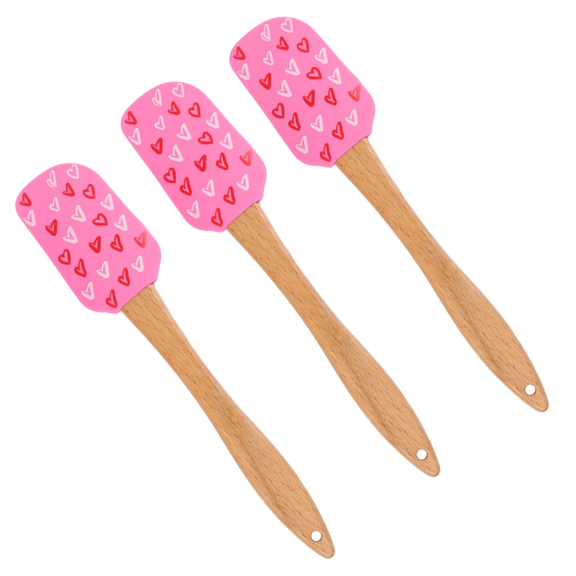 Anna-Kaci Silicone Spatula Set XO Heart Print Wooden Handle Heat Resistant Baking Mixing Kitchen Tools 3 Piece