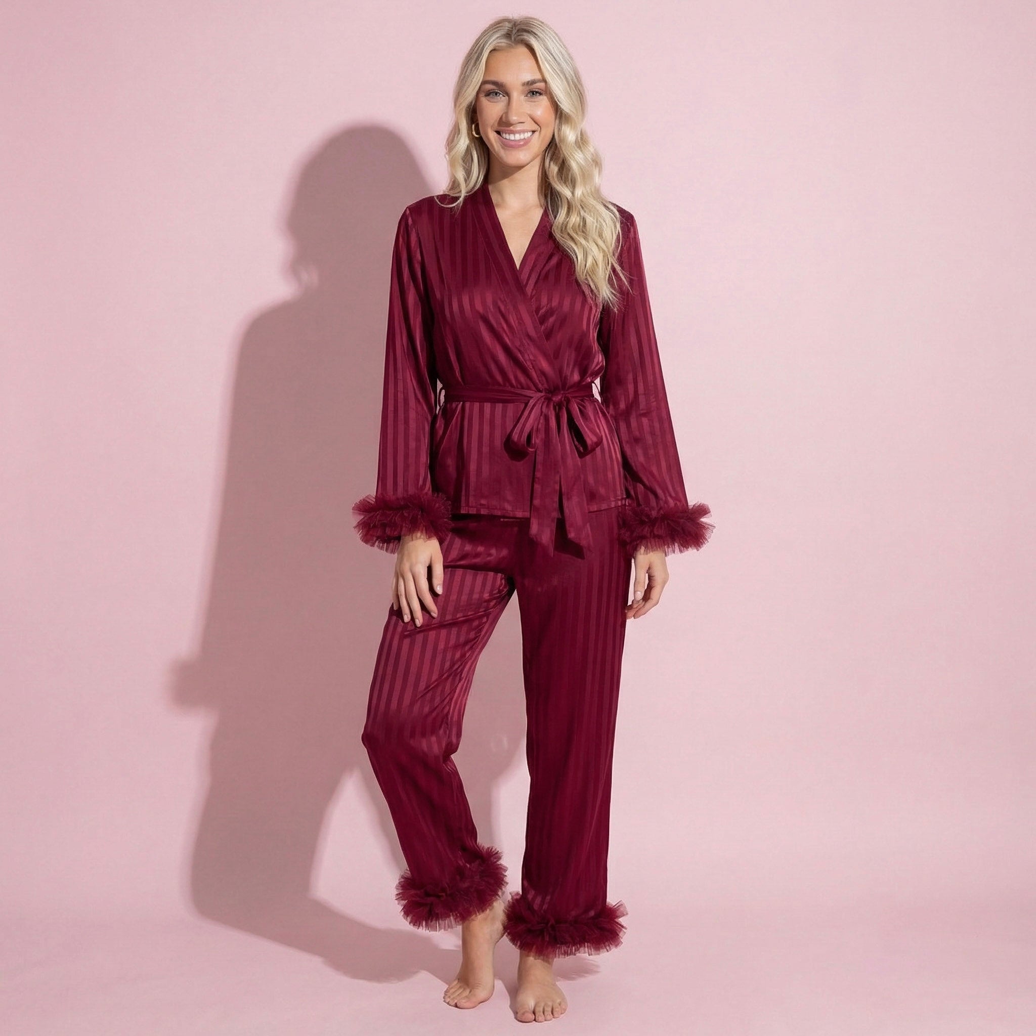 Anna-Kaci Women's 2-Piece Set Satin Wrap Top with Feather Trim Cuffs and Matching Straight-Leg Pants