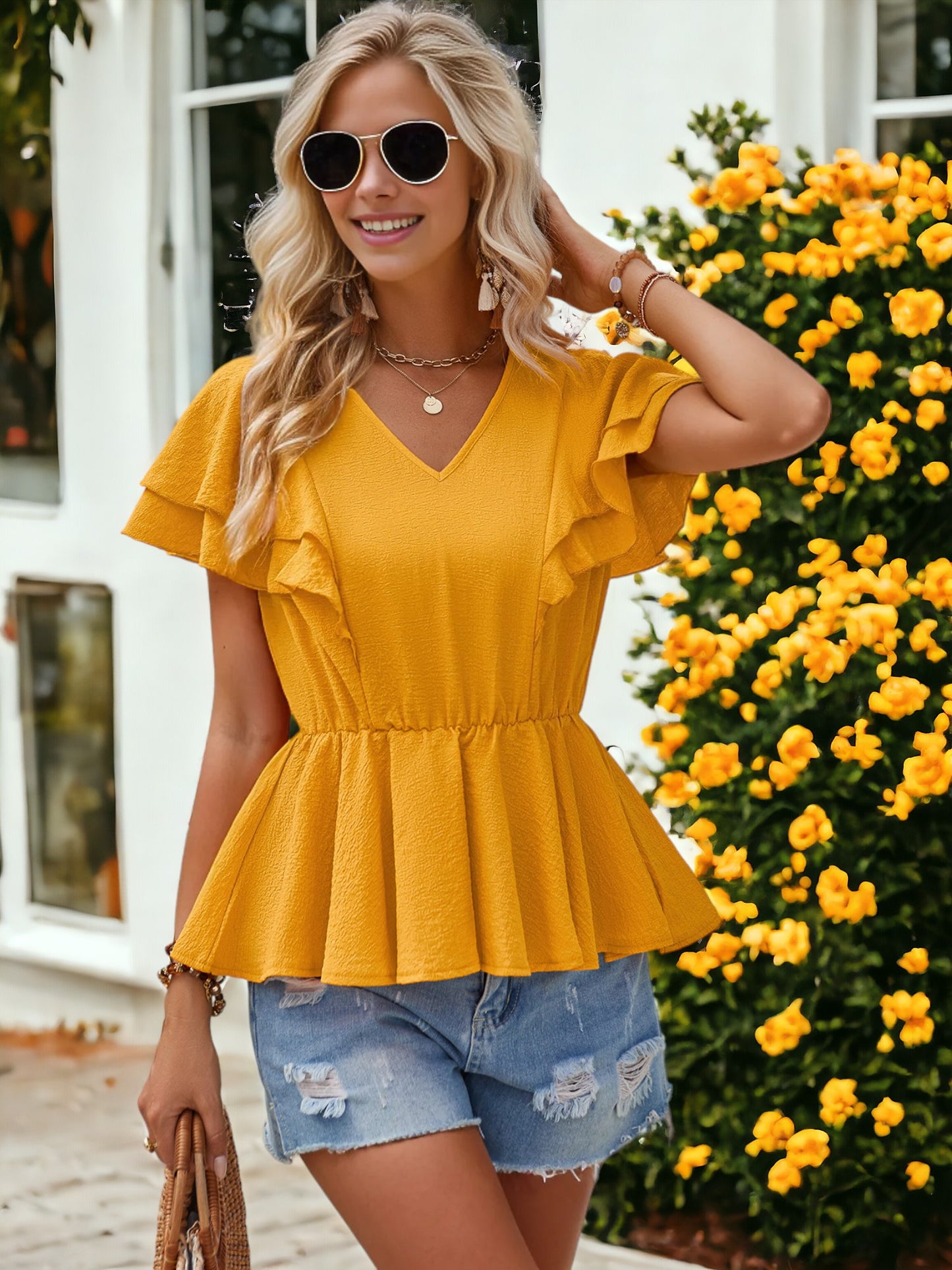V-Neck Ruffled Short-Sleeved Smocked Waist Top