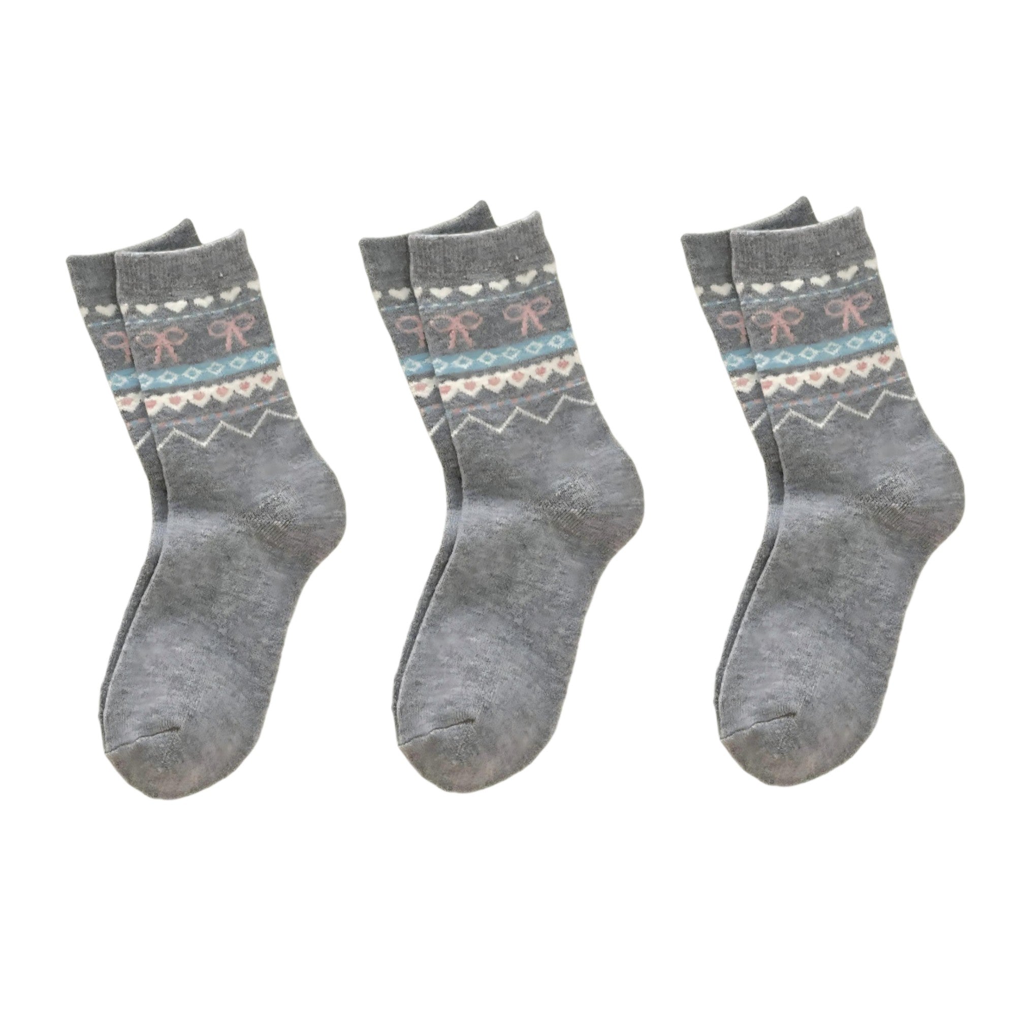Anna-Kaci Women's 3-Pair Ribbed Knit Crew Socks with Bow and Nordic Pattern Detail