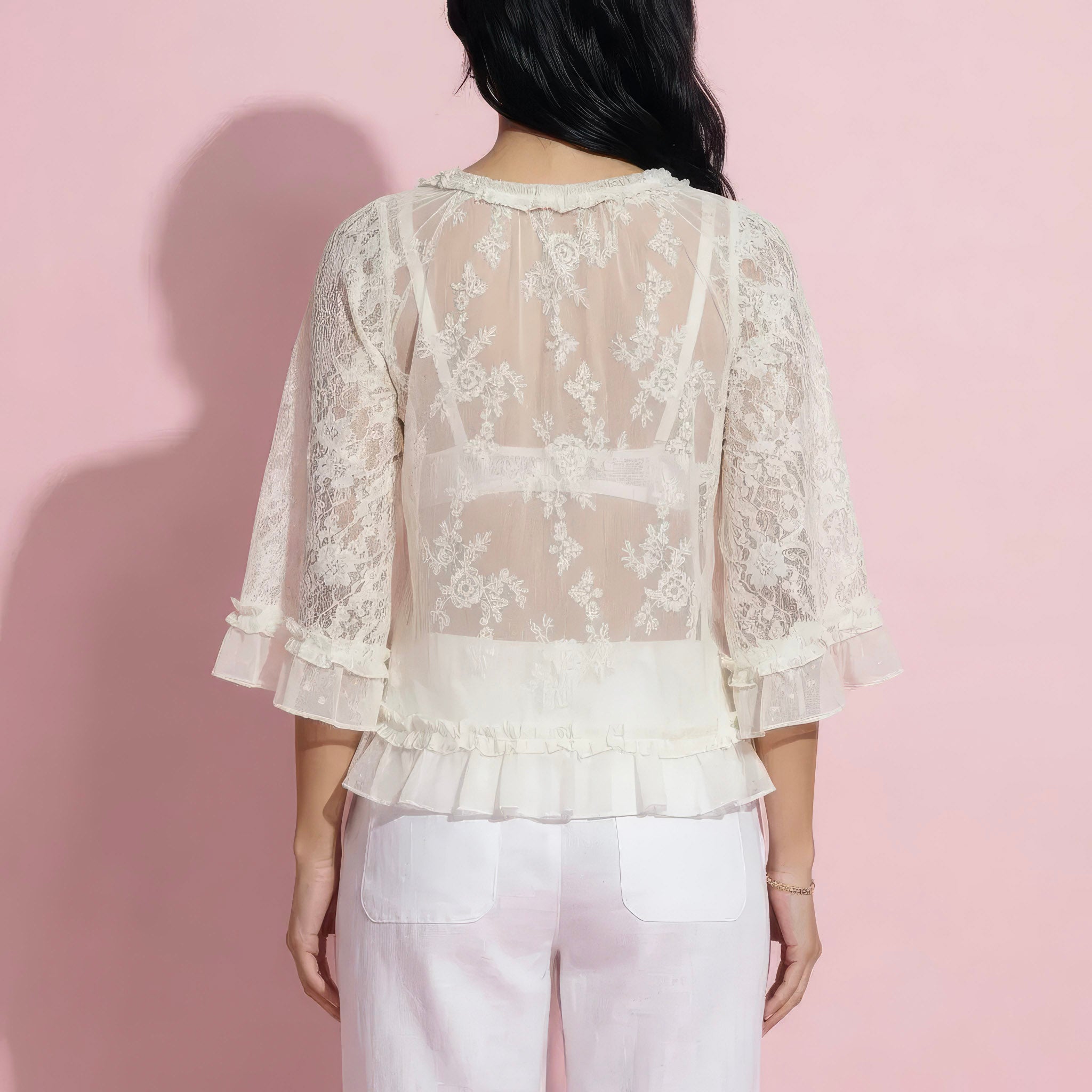 Anna-Kaci Womens Three Quarter Sleeve Lace Mesh Layering Blouse Top