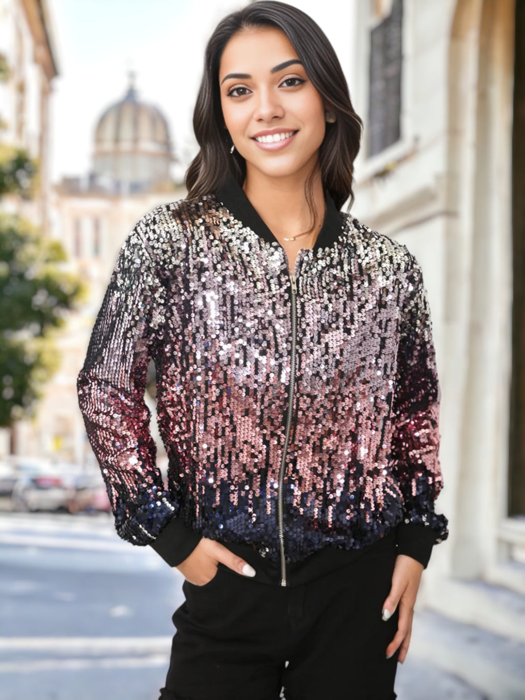 Chaqueta bomber con cremallera y destellos ombré de lentejuelas