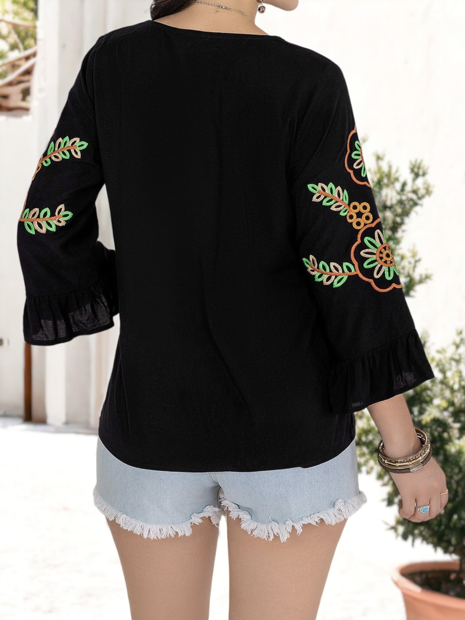 Lace Detailed V-Neck Floral Embroidered Ruffle Sleeved Top