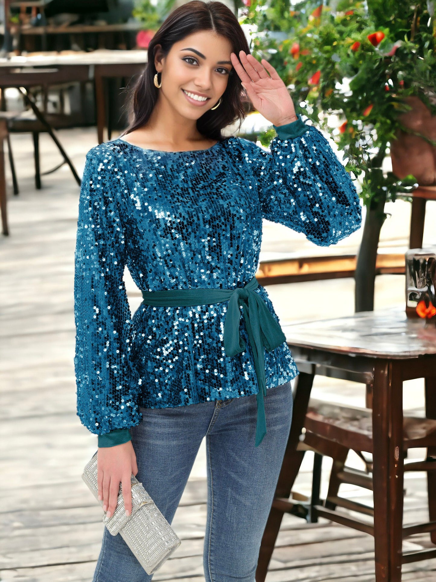 Suéter tipo sudadera con lazo en la cintura y lentejuelas para fiesta 
