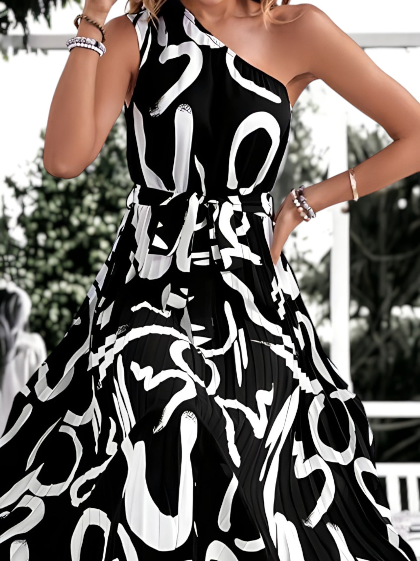 Printed One Shoulder Waist Tie Dress