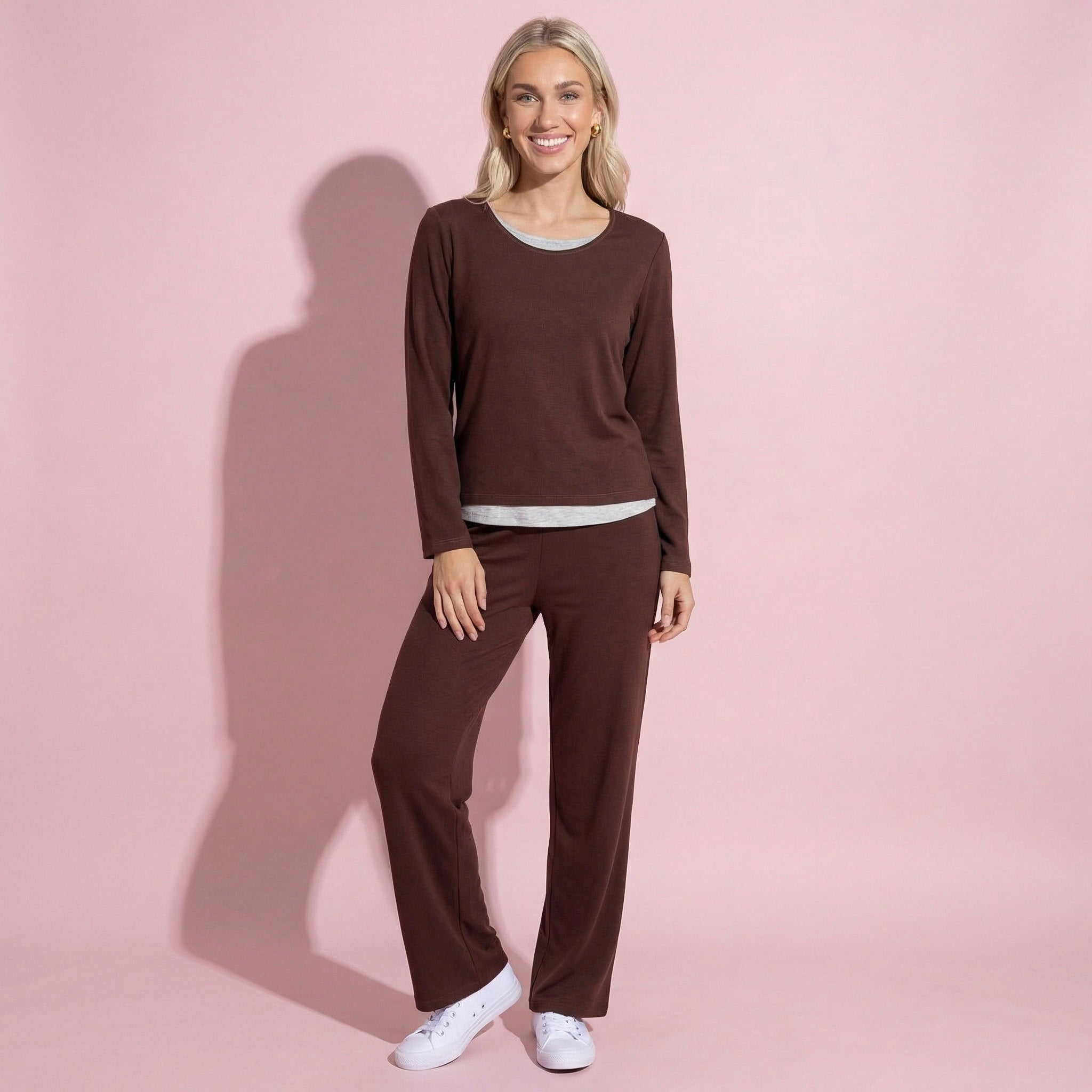 Anna-Kaci Women's 2-Piece Set Soft Knit Long Sleeve Top and Relaxed Fit Lounge Pants