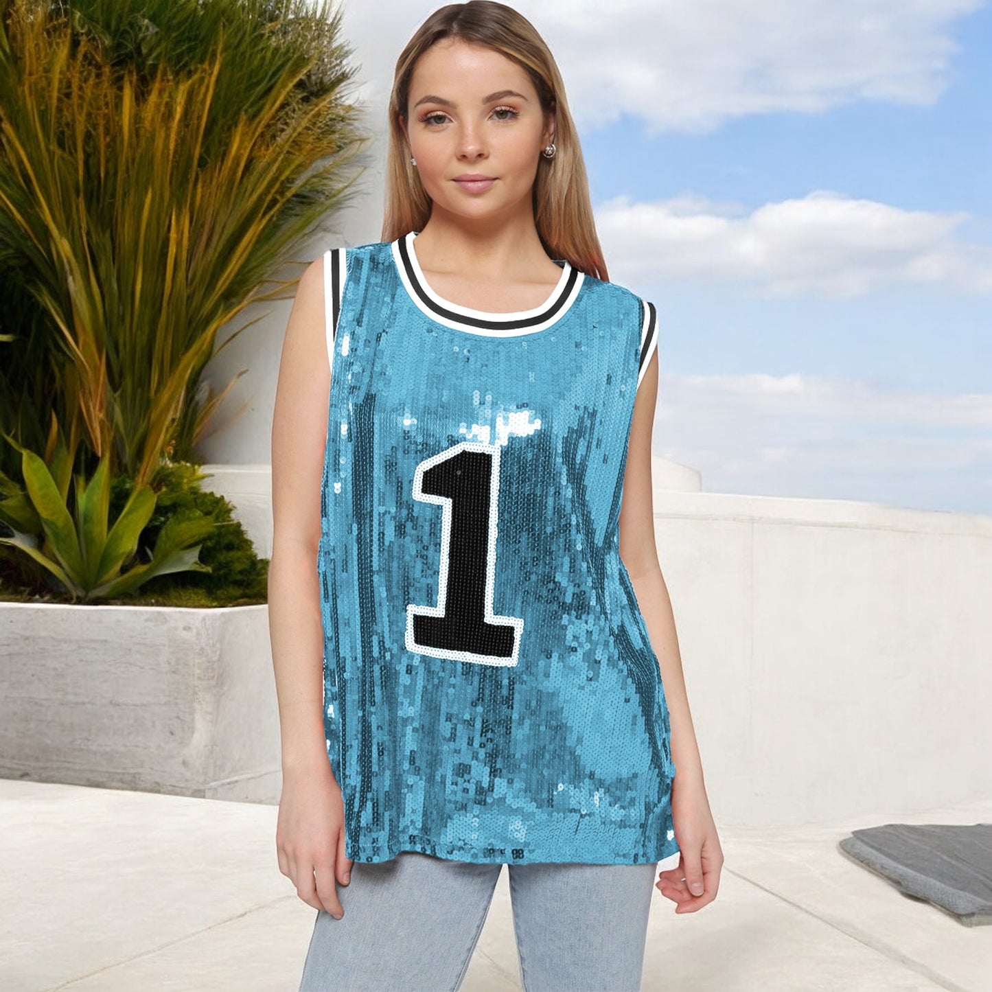 Blusa sin mangas con lentejuelas y camiseta con número 1 y purpurina brillante 