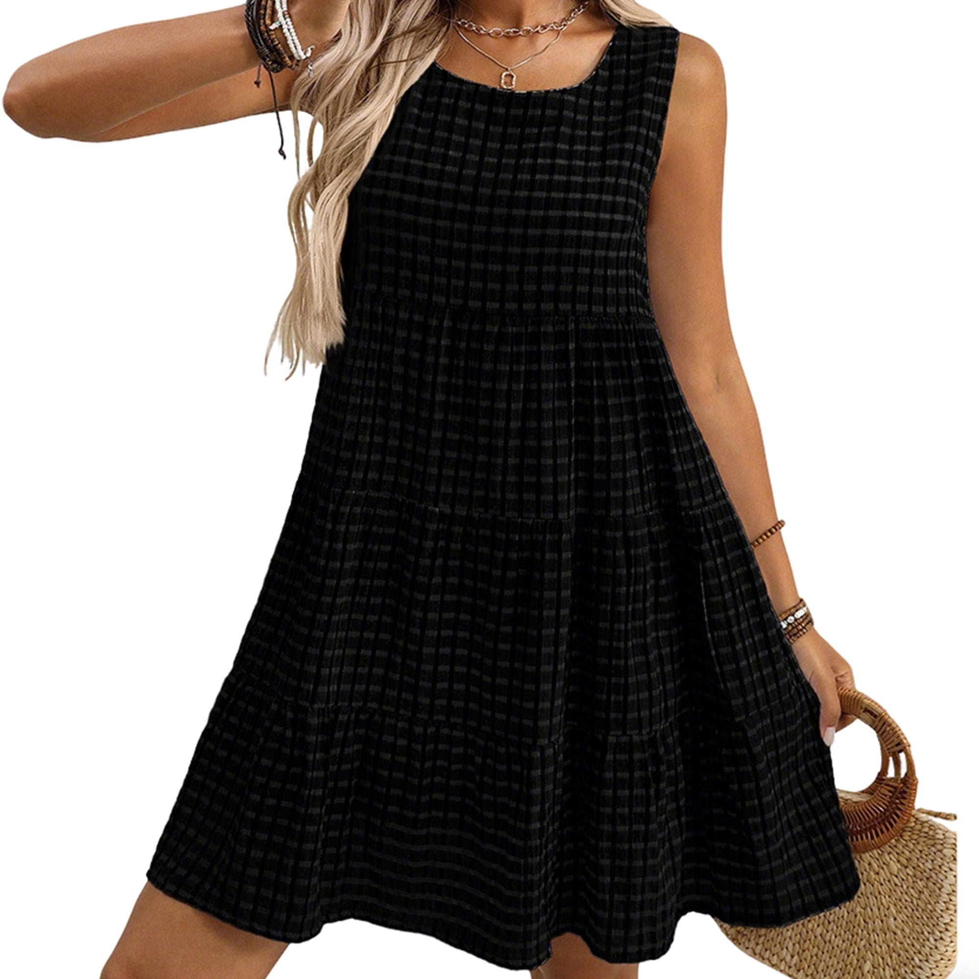 Anna-Kaci Women's Sleeveless Tiered Mini Dress with Textured Check Pattern Round Neck A-Line Silhouette