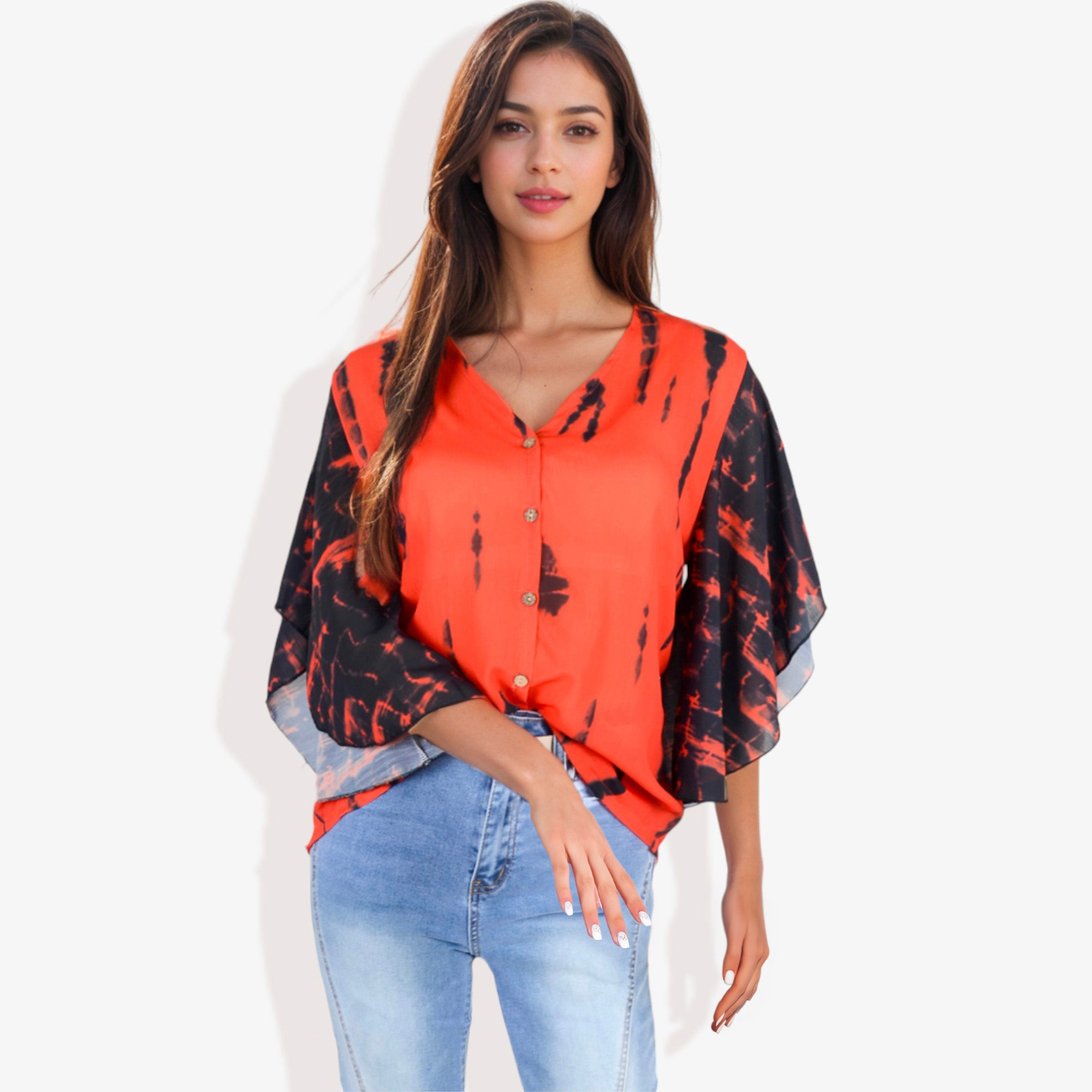 Blusa con mangas estilo kimono y efecto tie-dye con botones en la parte delantera para mujer de Anna-Kaci
